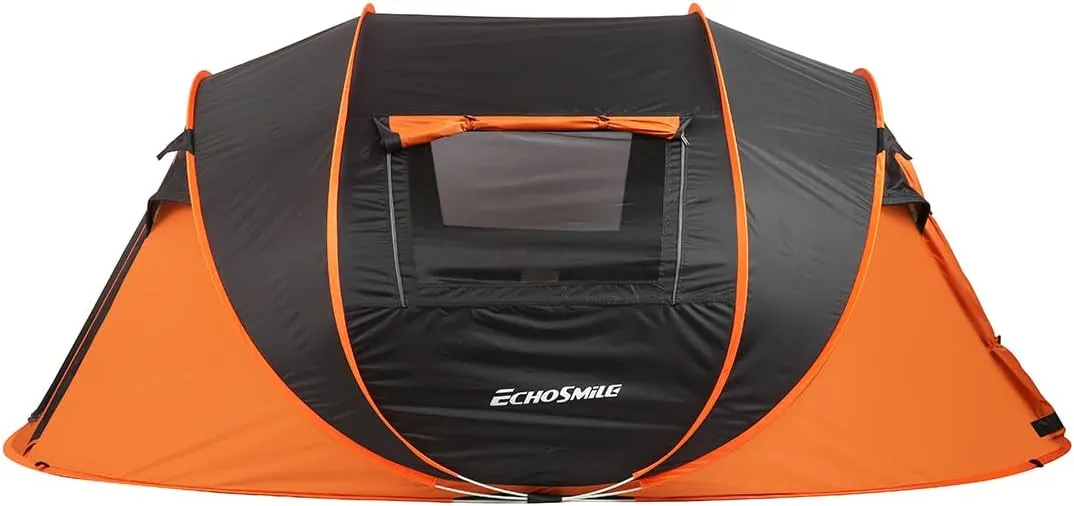 Spacious Pop-Up Camping Tent for 5-8 Persons, Quick Setup, Water-Resistant, Black and Orange