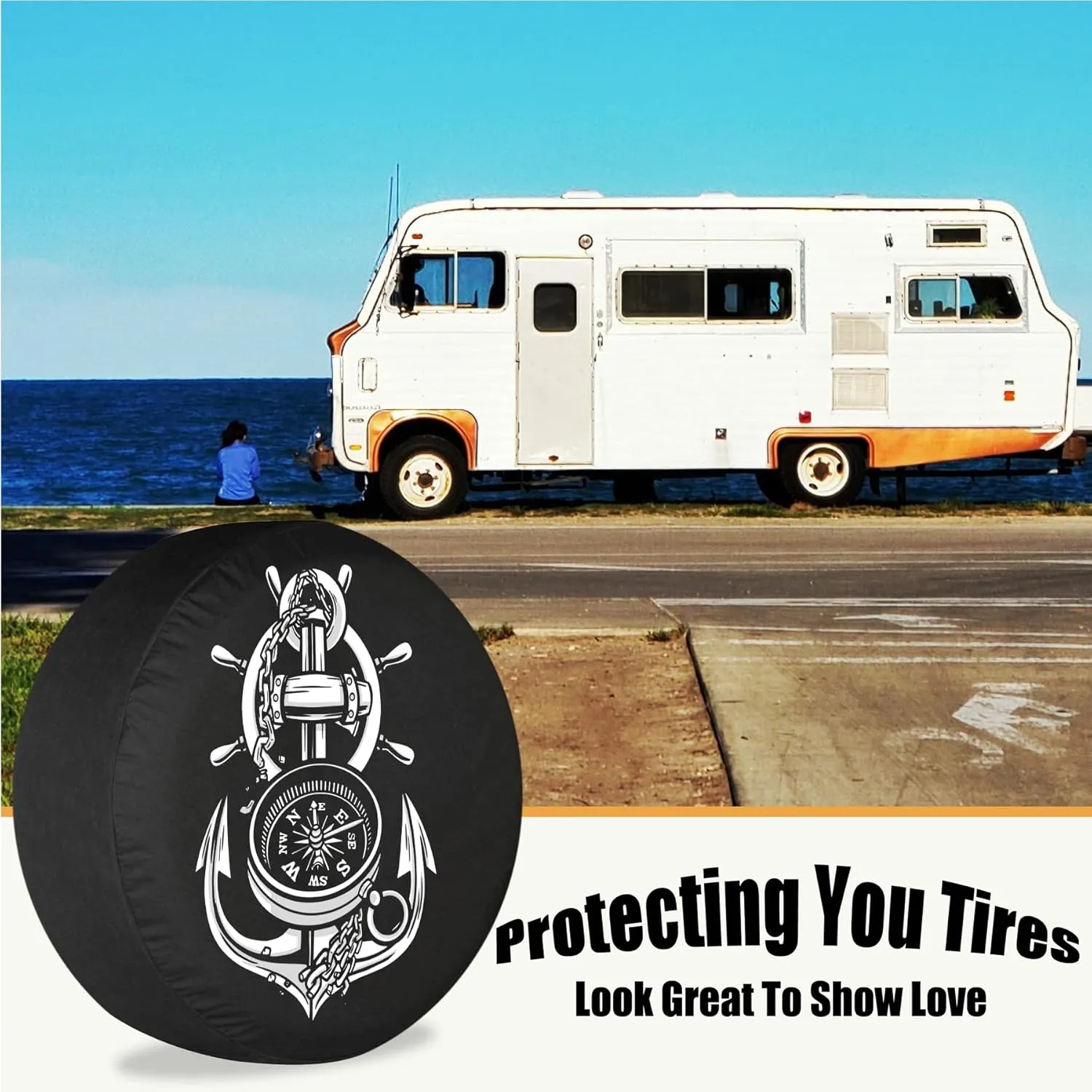 Spare Tire Cover Cool Anchor and Compass RV Tire Covers Weatherproof Dust-Proof Universal for Trailer CRV SUV Camp Travel Trailer 12" 13" 14" 15" 16" 17" 18 Inch