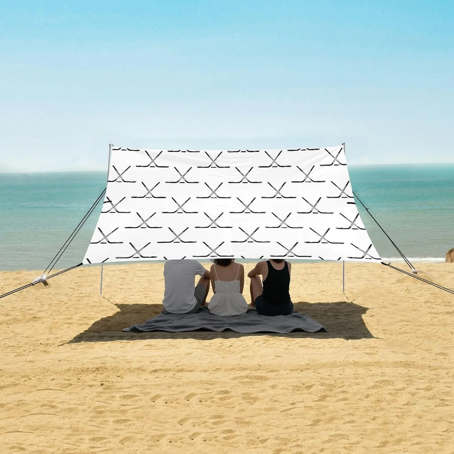 Sport Hockey Icon Pattern Beach Camping Tent Sun Shelter for Whole Family, Beach Shade Canopy with UPF50  UV Protection,Easy Set Up and Carry,Outdoor Shade for Trips, Fishing, Backyard Fun Picn