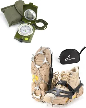 Sportneer Compass Military Grade Compass Hiking Survival with Sighting Mirror   Crampons Ice Cleats for Shoes Boot with 19 Stainless Steel Spikes for Hiking Walking