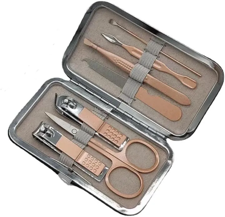 Stainless Steel Champagne Gold Nail 7-Piece Set Pu Box Oblique Pliers Foot Trimming Spoon Tool Set
