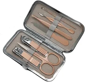 Stainless Steel Champagne Gold Nail 7-Piece Set Pu Box Oblique Pliers Foot Trimming Spoon Tool Set