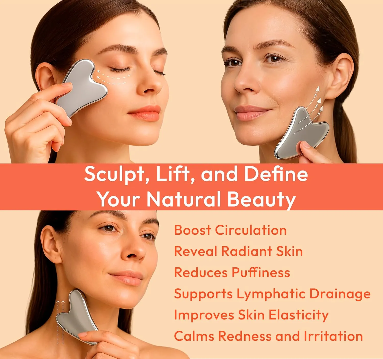Stainless Steel Gua Sha Facial Tool - Guasha Tool for Face Sculpting, Acne-Prone & Mature Skin - Face Gua Sha Tool for Lymphatic Drainage, Puffiness, Anti-Aging & Deep Face Massage