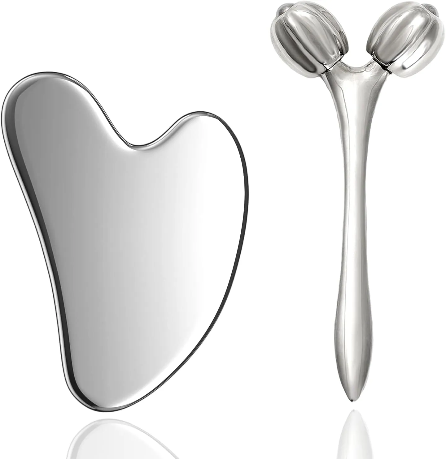 Stainless Steel Gua Sha Facial Tools, Face Roller and Gua Sha Set for Facial Massage, Neck, Eyes, Body, Chin Lift, and Skin Tightening (Silver Heart)