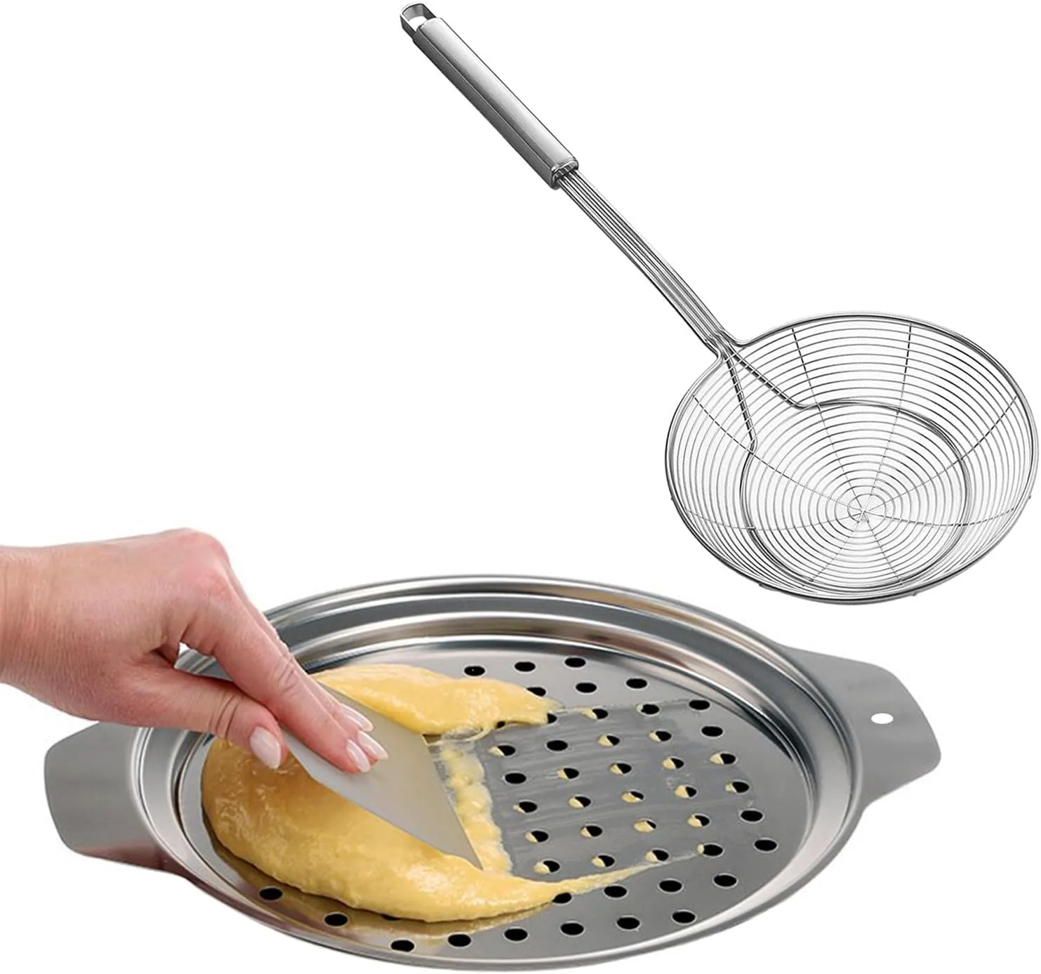 Stainless Steel Spaetzle Maker Lid with Scraper - Stainless Steel Spider Strainer Skimmer Spoon Pasta Spoon, Traditional German Egg Noodle Maker Set Pan Pot Spaghetti Strainer