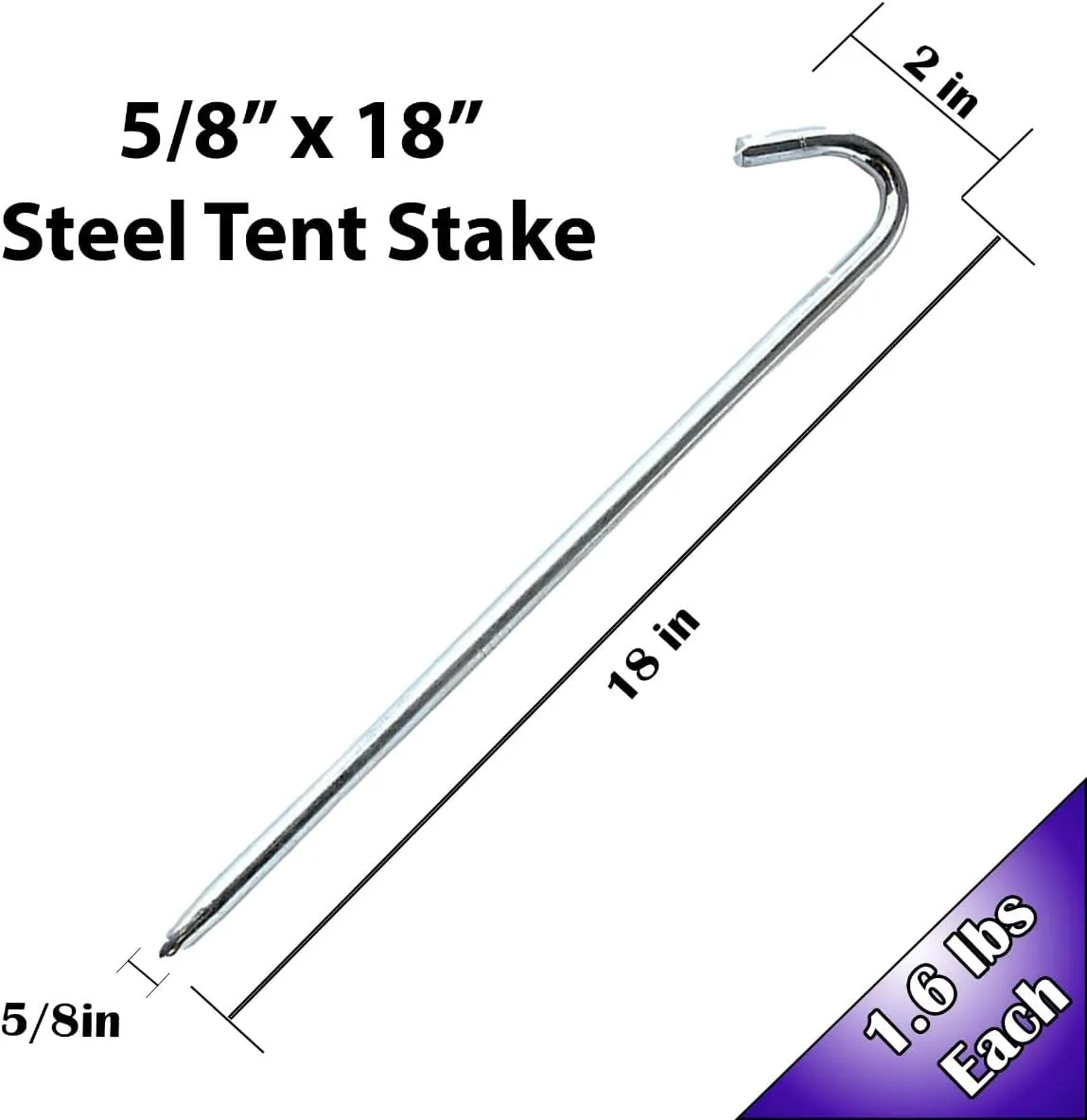 Steel Tent Stakes - Heavy-Duty Ground Hook Spikes, Metal Anchors for Commercial Inflatables, Outdoor Camping Canopy, Fence, Garden, Tent Accessories, 5/8" Diameter x 18" Length, 25-Pack