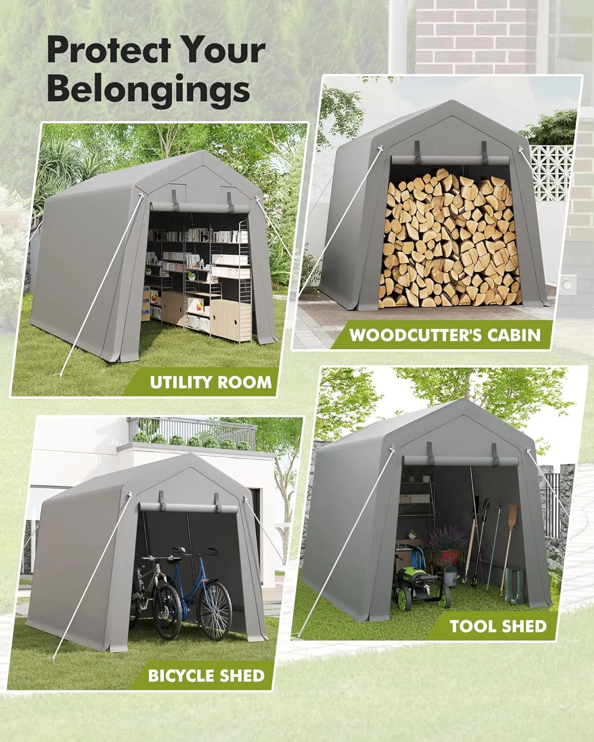 Storage Sheds 6x8 FT, Portable Shed with Rolled up Zipper Door, Waterproof, Storage Tent Heavy Duty for Motorcycle, Bike, Firewood, Garden Tools, Grey