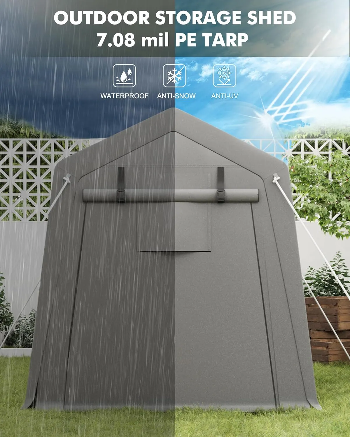 Storage Sheds 6x8 FT, Portable Shed with Rolled up Zipper Door, Waterproof, Storage Tent Heavy Duty for Motorcycle, Bike, Firewood, Garden Tools, Grey