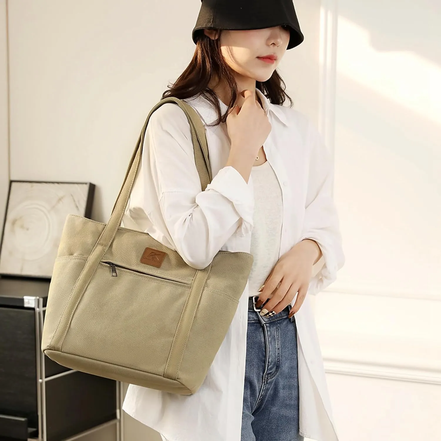 Sunshinejing Women's Large Canvas Shoulder Bag Retro Multi-pocket Handbags Work Tote Purses
