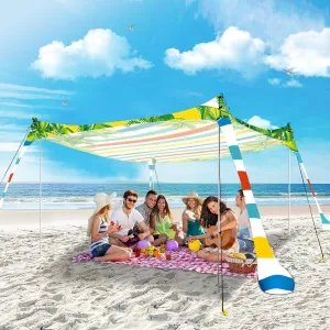SUNWISHA Beach Tent Sun Shelter 10x10FT, UPF50 Protection Beach Shade Canopy, Special Summer Charm & Palm Trees, Complete Accessories, Easy Installation