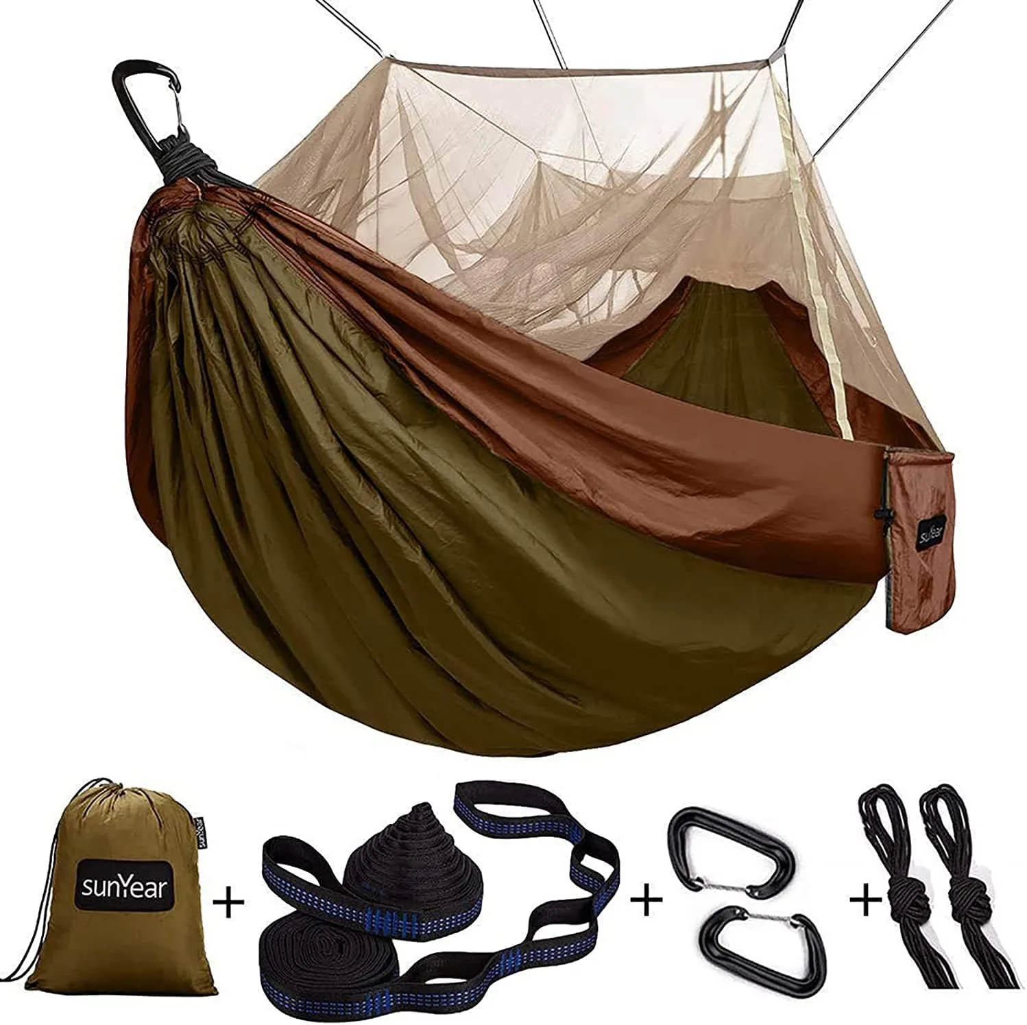Sunyear Camping Hammock, Portable Single & Double Hammock with Net, 2 Person Hammock Tent with 2 * 10ft Straps, Best for Outdoor Hiking Survival Travel
