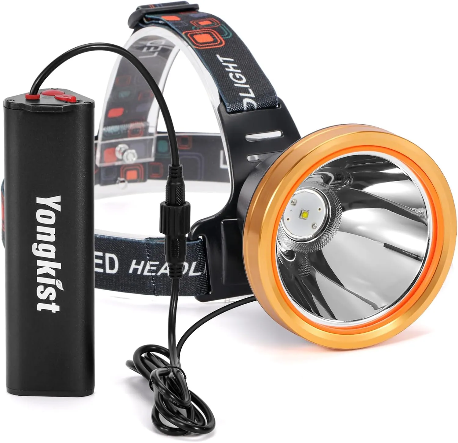 Super Bright Headlamp High Power Headlight Rechargeable LED Spotlight with Battery Powered Flashlight Torch Waterproof Coon Hunting Light for Garden Outdoor Camping Fishing (Yellow Light)