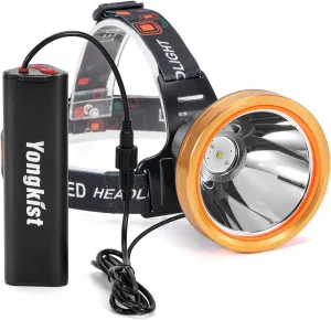 Super Bright Headlamp High Power Headlight Rechargeable LED Spotlight with Battery Powered Flashlight Torch Waterproof Coon Hunting Light for Garden Outdoor Camping Fishing (Yellow Light)