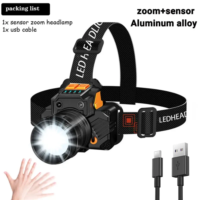 Super Bright LED Headlamp, 20W T6, USB Rechargeable, ZOOM Sensor, Waterproof, Portable Flashlight for Fishing, Camping, and Hunting