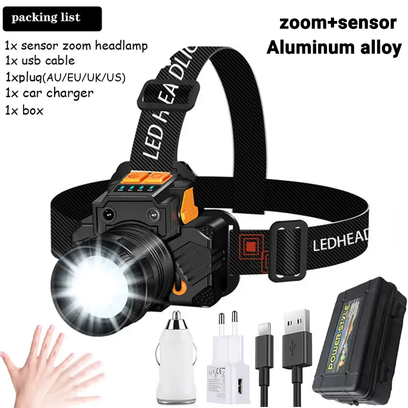 Super Bright LED Headlamp, 20W T6, USB Rechargeable, ZOOM Sensor, Waterproof, Portable Flashlight for Fishing, Camping, and Hunting