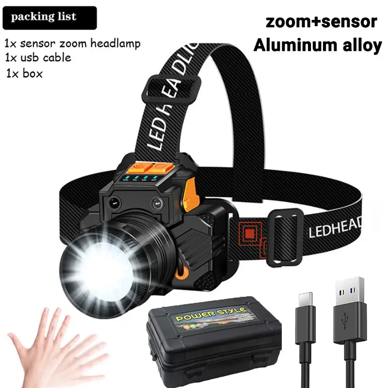 Super Bright LED Headlamp, 20W T6, USB Rechargeable, ZOOM Sensor, Waterproof, Portable Flashlight for Fishing, Camping, and Hunting
