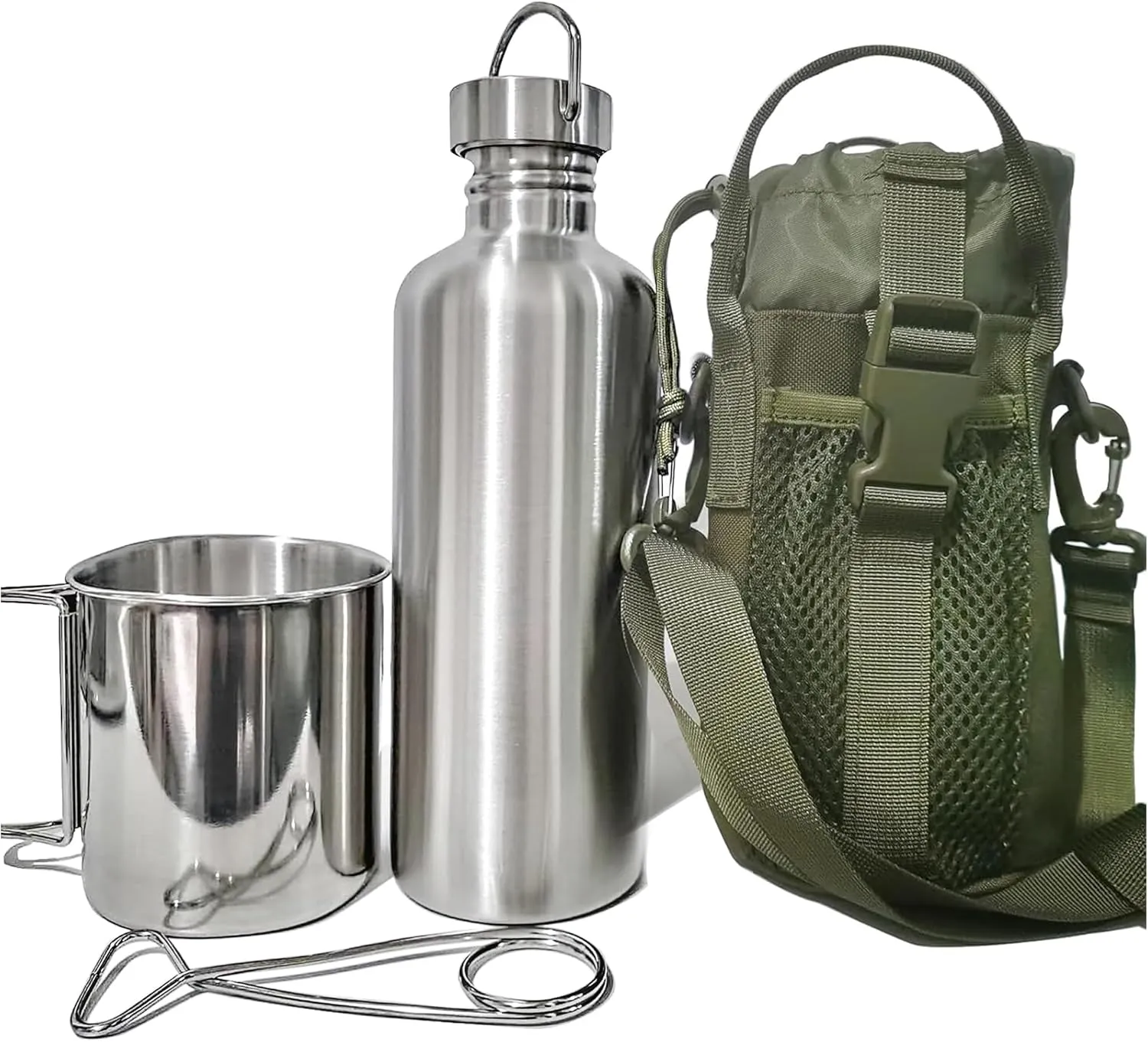 Survivor 3-in-1 Outdoor Canteen Kit - 304 Stainless Steel Water Bottle & Camping Cup & Carrying Bag | Outdoor Survival Canteen Kit | Bushcraft Gear | Wide Mouth Design | Essential Hiking Accessories