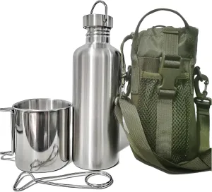 Survivor 3-in-1 Outdoor Canteen Kit - 304 Stainless Steel Water Bottle & Camping Cup & Carrying Bag | Outdoor Survival Canteen Kit | Bushcraft Gear | Wide Mouth Design | Essential Hiking Accessories