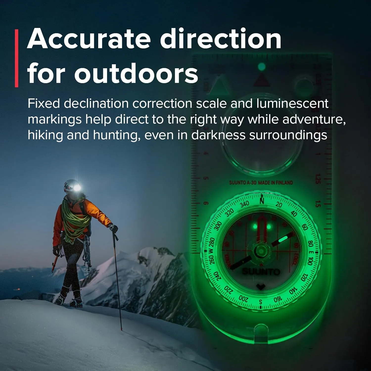 SUUNTO A-30 Compass: Compact, hiking compass with luminous markings in low light