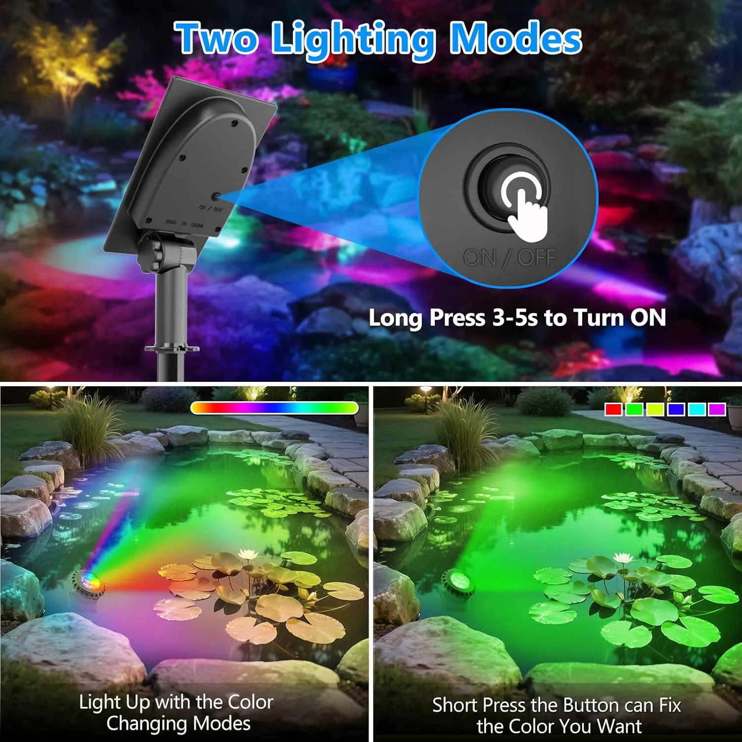 T-SUN Solar Pond Lights, 4 Headlamp RGB LED Spotlights, Underwater Submersible Fountain Lights Solar Fish Tank Light for Garden Fountain, Pond, Pool Decoration