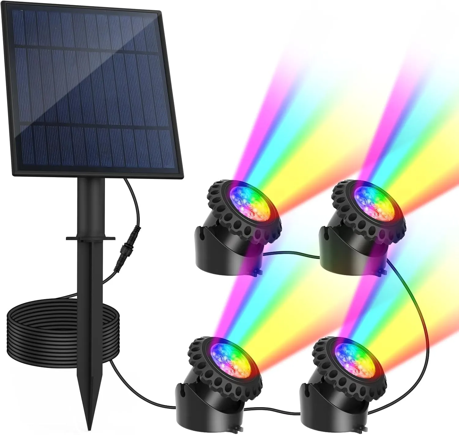 T-SUN Solar Pond Lights, 4 Headlamp RGB LED Spotlights, Underwater Submersible Fountain Lights Solar Fish Tank Light for Garden Fountain, Pond, Pool Decoration