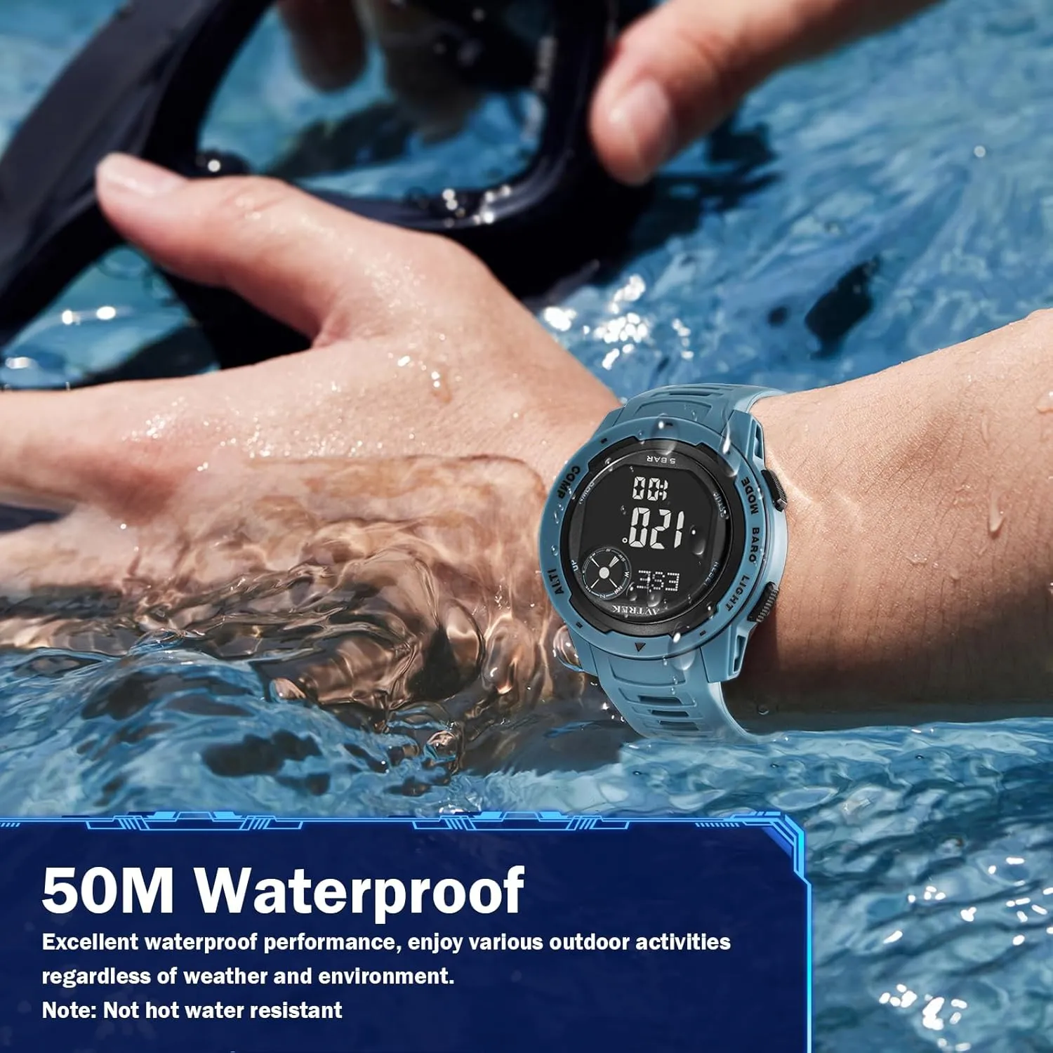 Tactical Watch with Compass,50M Waterproof Digital Pedometer Watch, Altimeter Watch for Outdoor Hiking/Climbing(Blue)