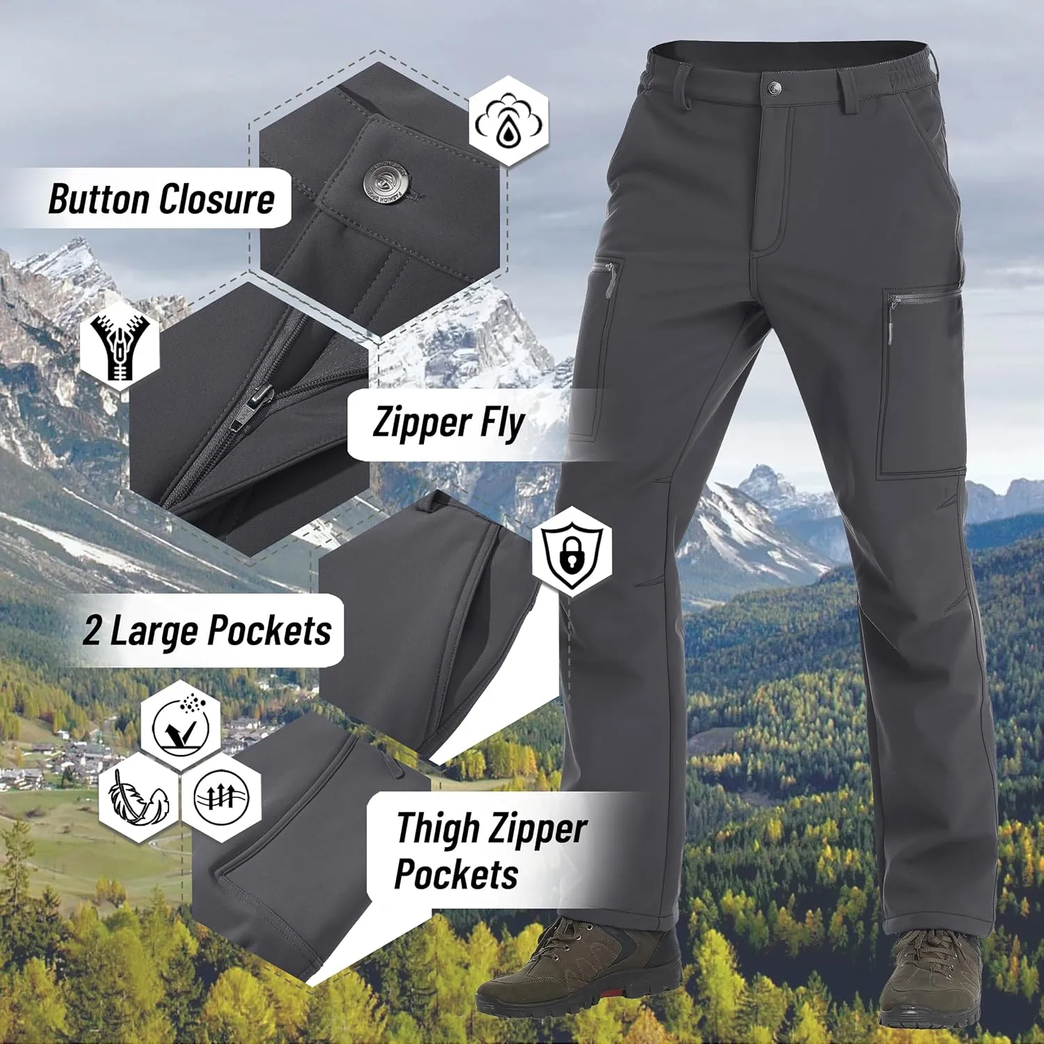 TACVASEN Men's Hiking Pants Fleece Lined Cargo Work Pants with 5 Pockets for Fishing Camping Travel
