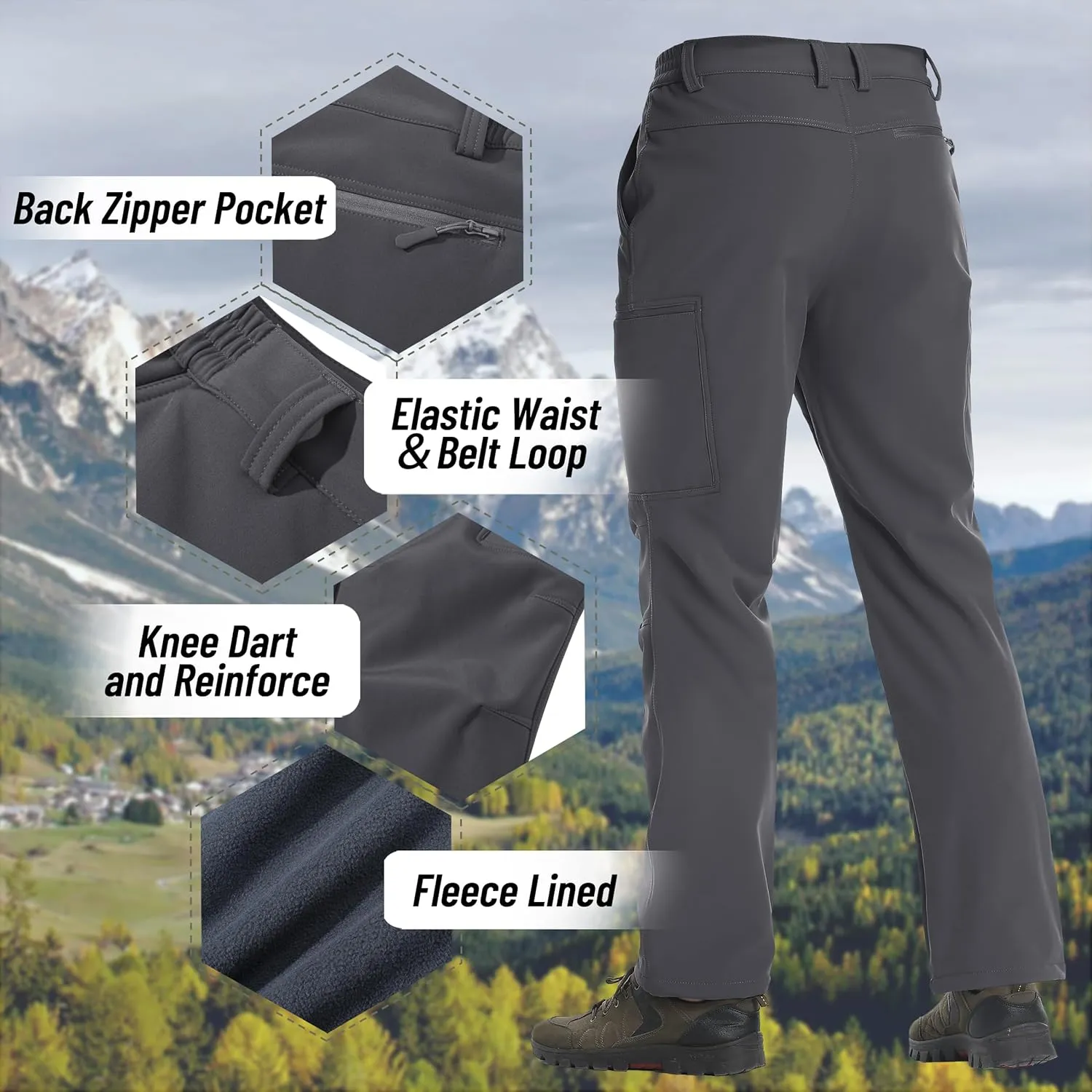 TACVASEN Men's Hiking Pants Fleece Lined Cargo Work Pants with 5 Pockets for Fishing Camping Travel