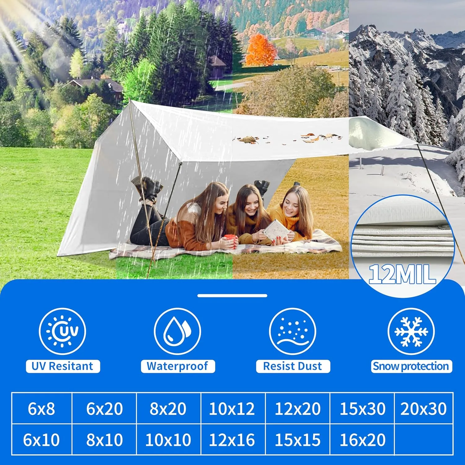 Tarp 12x16 ft Heavy Duty 12mil 100% Waterproof High Durability Multipurpose,Uv Resistant,White Tarp Suitable for Swimming Pools, Boats, Camping, Courtyards, Etc -by MVPNET