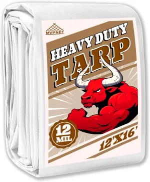 Tarp 12x16 ft Heavy Duty 12mil 100% Waterproof High Durability Multipurpose,Uv Resistant,White Tarp Suitable for Swimming Pools, Boats, Camping, Courtyards, Etc -by MVPNET