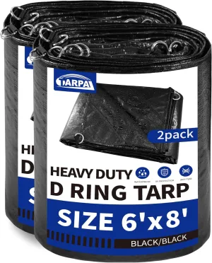 TARPAL Tarp 6x8 Feet (2pack) Heavy Duty Tarps 14mil D-Ring Waterproof Tarp for Outdoors UV Protection Triangular Sewing Design Reinforced Corners and Edges（Black）