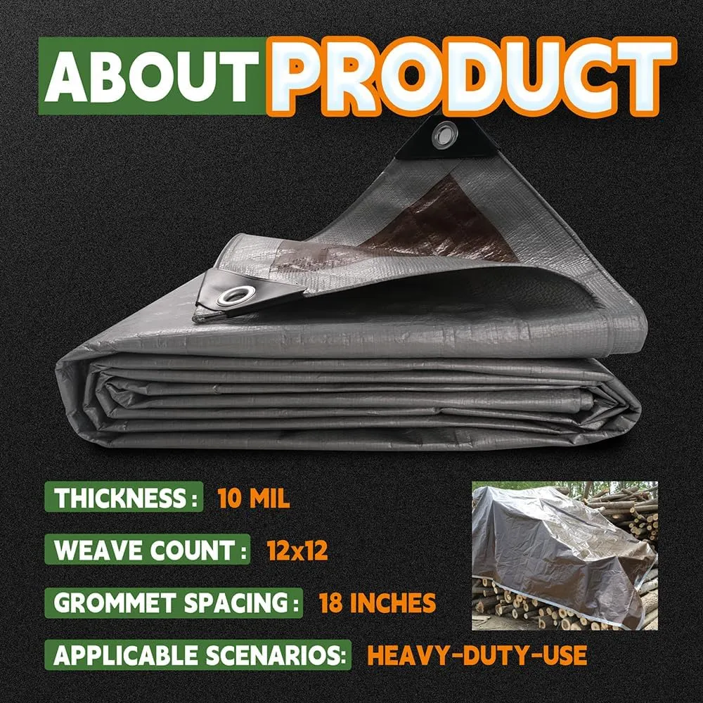 Tarps Heavy Duty Waterproof 6x8 Feet (3 Pack), 10Mil Multipurpose Tarp Cover with Metal Grommets and Reinforced Edges, Silver/Brown Tarp by RAINDEWAY