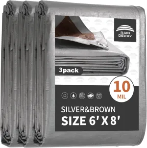 Tarps Heavy Duty Waterproof 6x8 Feet (3 Pack), 10Mil Multipurpose Tarp Cover with Metal Grommets and Reinforced Edges, Silver/Brown Tarp by RAINDEWAY