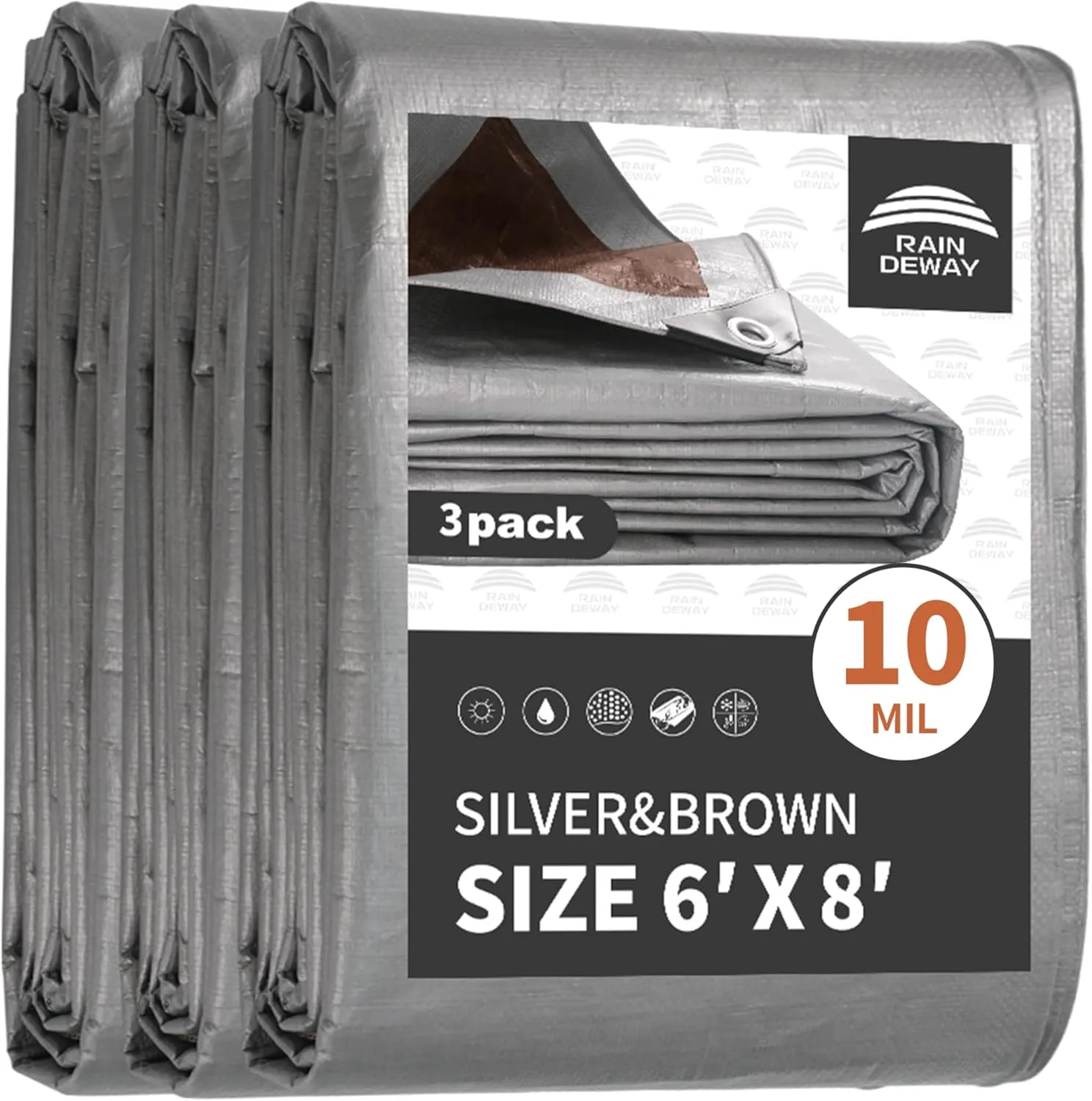 Tarps Heavy Duty Waterproof 6x8 Feet (3 Pack), 10Mil Multipurpose Tarp Cover with Metal Grommets and Reinforced Edges, Silver/Brown Tarp by RAINDEWAY
