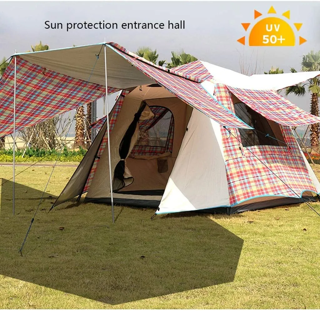 Tent Family Camping Tent 3-4 Person Tents Automatic Quick Open Waterproof Four Sides Breathable Outdoor Hiking Tents Yurt (Color : Red Grid)