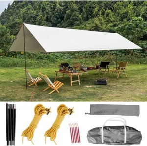 Tent Sun Shade Waterproof Camping Tarp for Trips Fishing Backyard Fun Picnics Portable Shelter Canopy with Pole Rope Ground Nail,White-3×3M