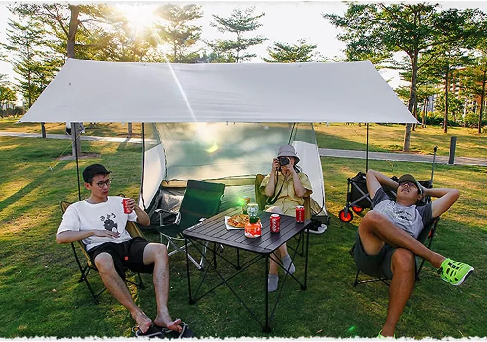 Tent Sun Shade Waterproof Camping Tarp for Trips Fishing Backyard Fun Picnics Portable Shelter Canopy with Pole Rope Ground Nail,White-3×3M
