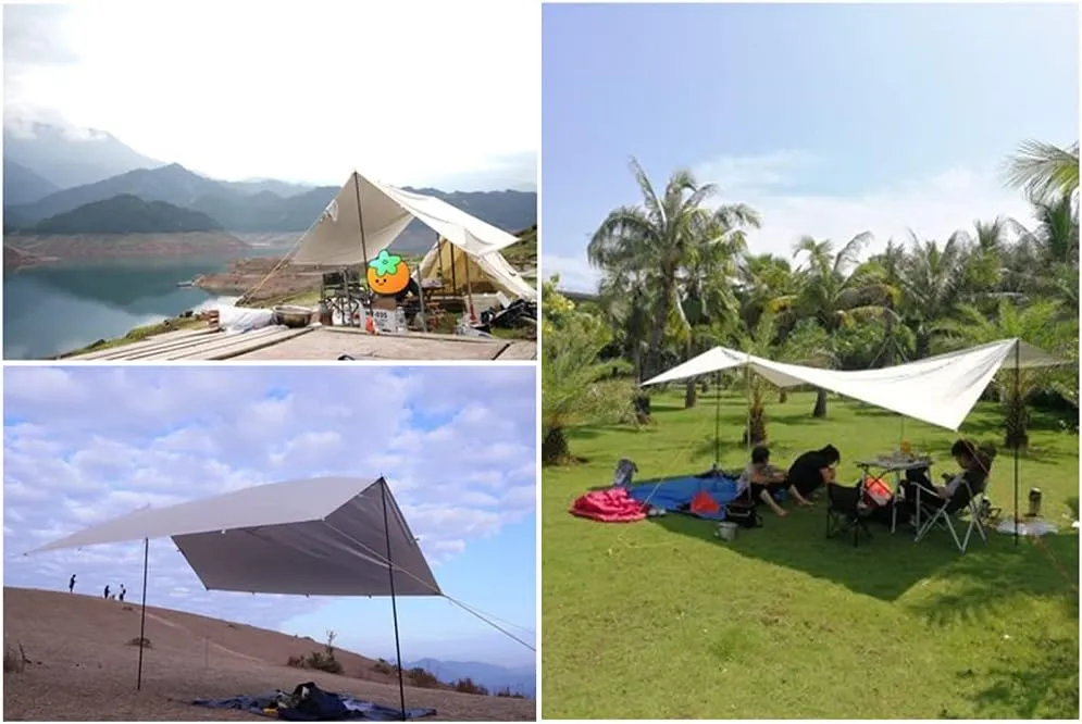 Tent Sun Shade Waterproof Camping Tarp for Trips Fishing Backyard Fun Picnics Portable Shelter Canopy with Pole Rope Ground Nail,White-3×3M