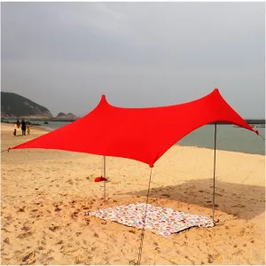 Tent Tarps Large Portable Shelter Tarp Beach Sunshade UPF50 Sun Shade Canopy Tent with 4 Aluminum Poles 4 Sandbag Anchors and 1 Storage Bag for Backpacking, Hiking (Color : Blue) (Red)