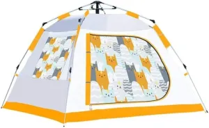 Tents for Camping Automatic Pop Up Tent Family Cat Pattern Camping Tent 3-4 Person with 3 Mesh Windows Waterproof Instant Outdoor Tent Beach Tent (Color : Yellow, Size : 200 * 200 * 140cm)