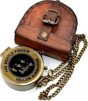 The Beatle Finder Yellow Submarine Brass Antique Pocket Compass Hiking Compass Finding Compass with Beautifull Leather Case Graduation Day Gift Christmas Day Gift Birthday Gift Compass.
