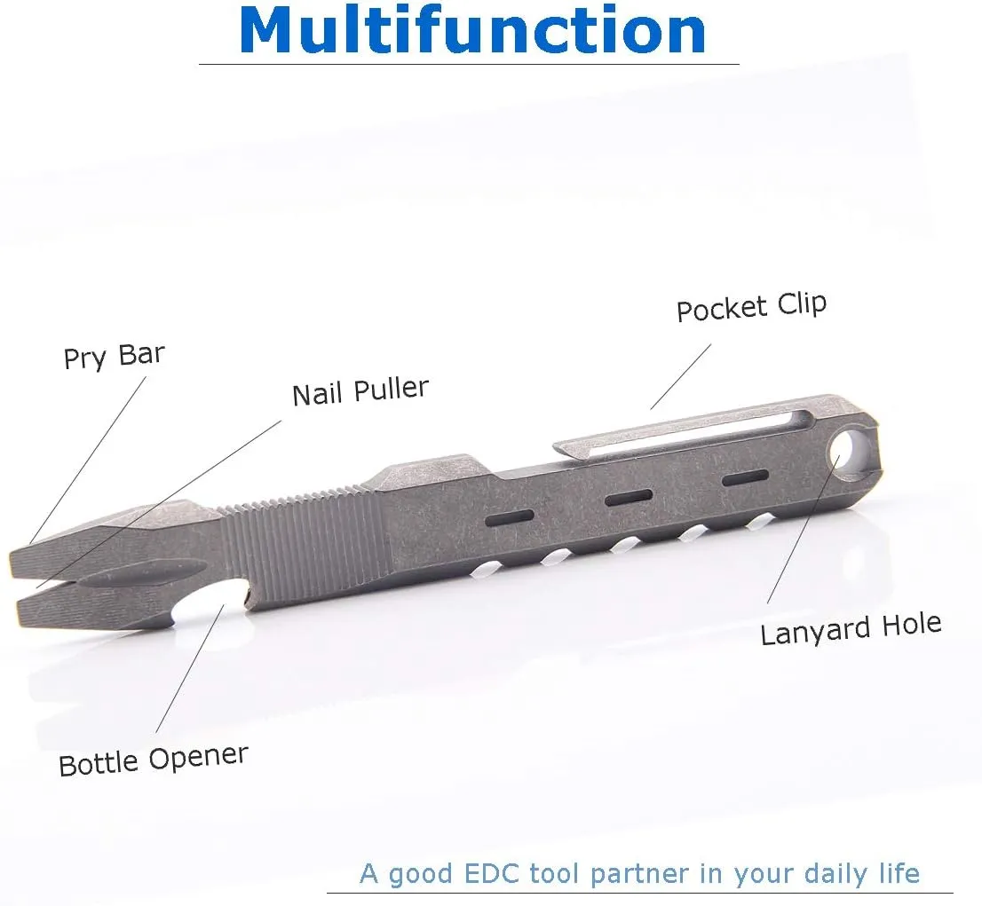 Titanium EDC Pry Bar with Nail Puller Bottle Opener Function with Pocket Clip EDC Tool (Grey)