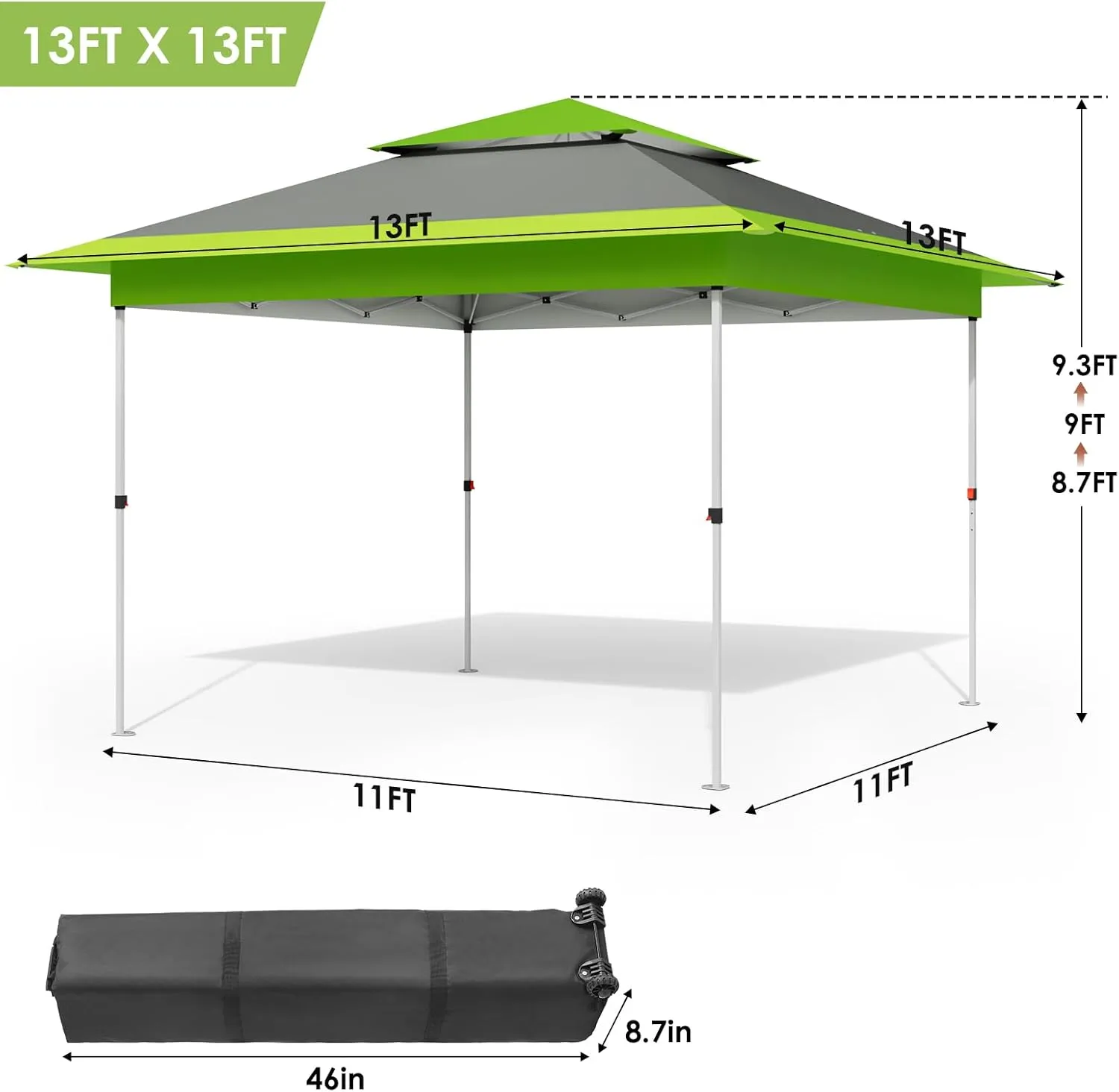 TLSUNNY 13X13 Pop Up Canopy Tent, Camping Shader W/Overhanging Eaves & Sand Bag, Outdoor Gazebo Shelter W/One Push Setup & Wheeled Bag, Height Adjustable, for Patio, Market, Party (Green, 13FTX13FT)
