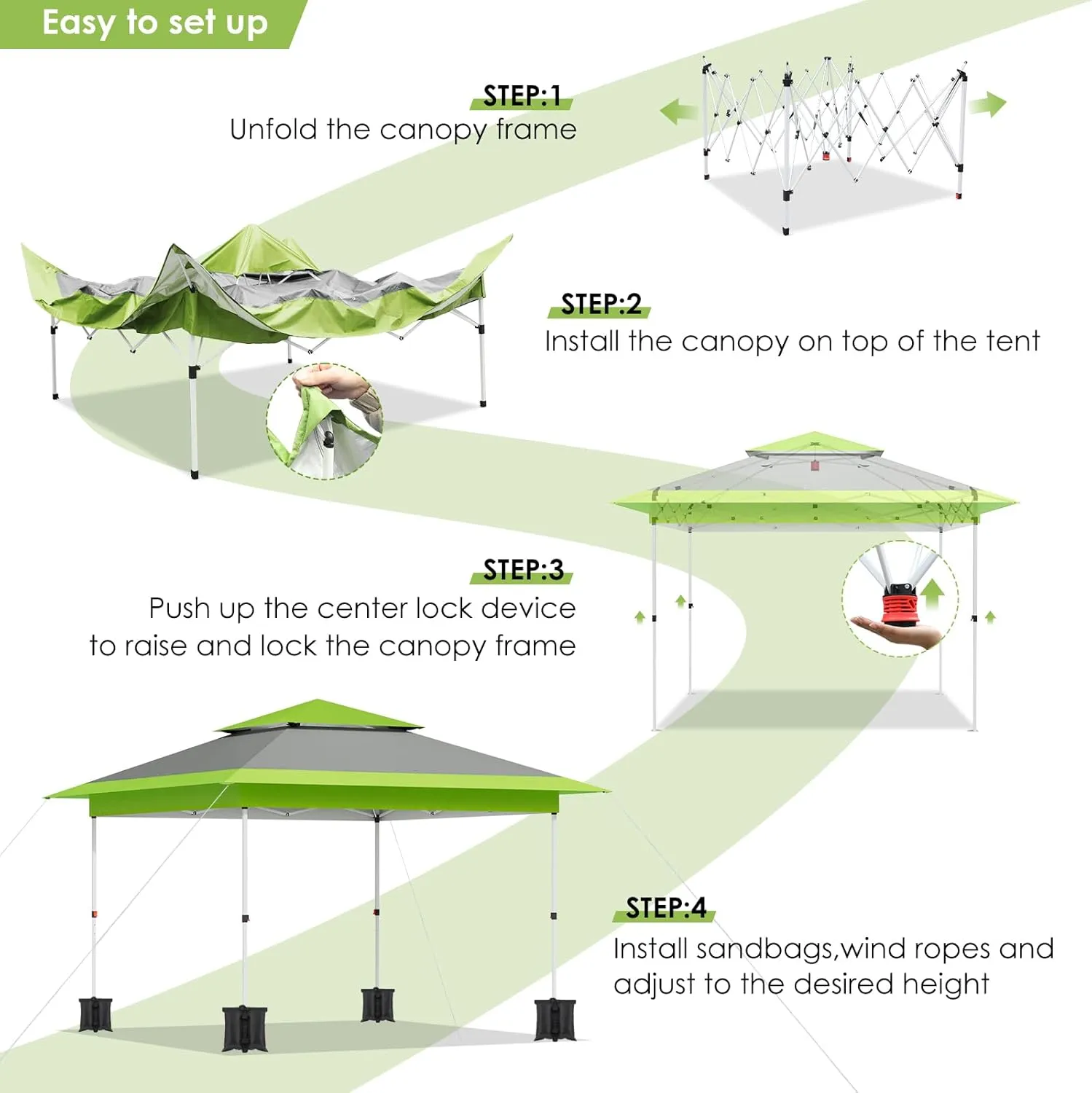TLSUNNY 13X13 Pop Up Canopy Tent, Camping Shader W/Overhanging Eaves & Sand Bag, Outdoor Gazebo Shelter W/One Push Setup & Wheeled Bag, Height Adjustable, for Patio, Market, Party (Green, 13FTX13FT)