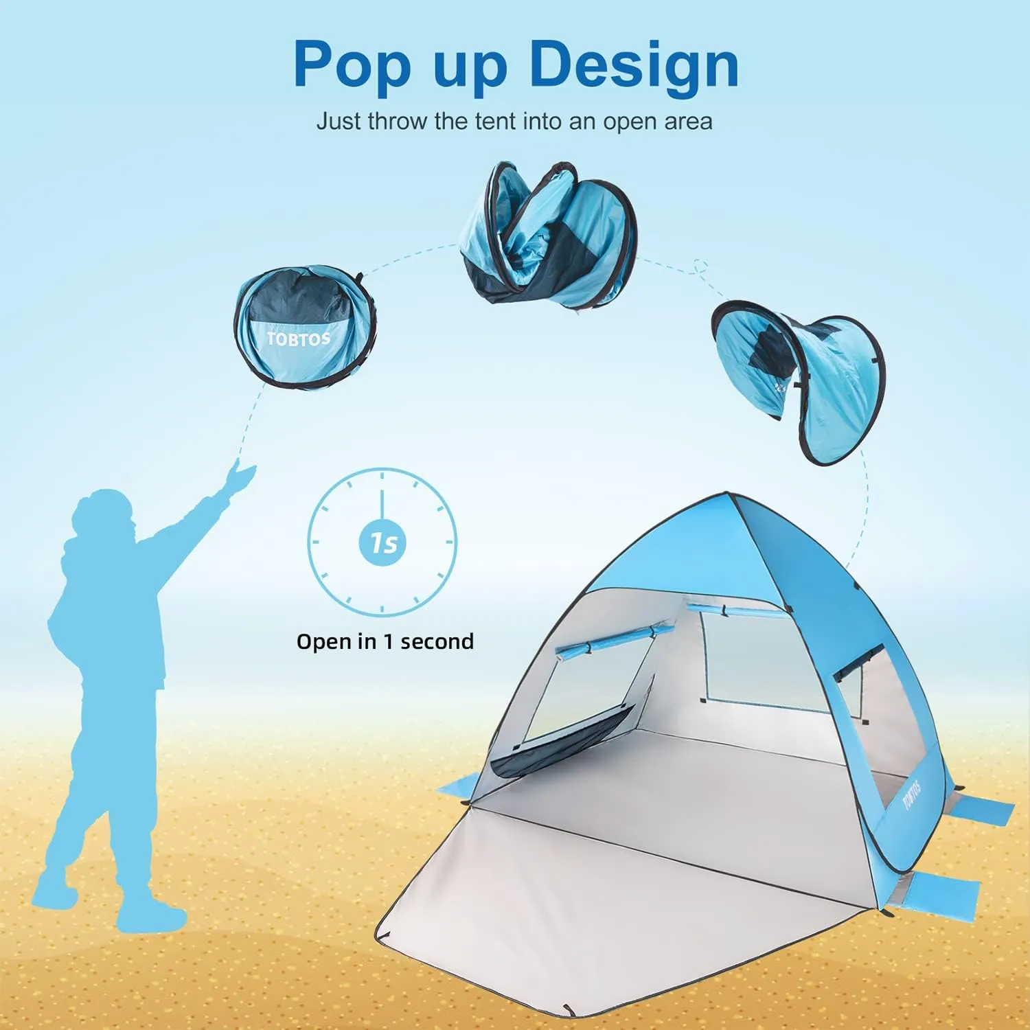 TOBTOS UPF 50  Pop Up Beach Tent, Easy Set Up Beach Umbrella, Sun Shelter for 2-3 People UV Protection Portable Sunshade, Baby Canopy Cabana, Lightweight with Carry Bag
