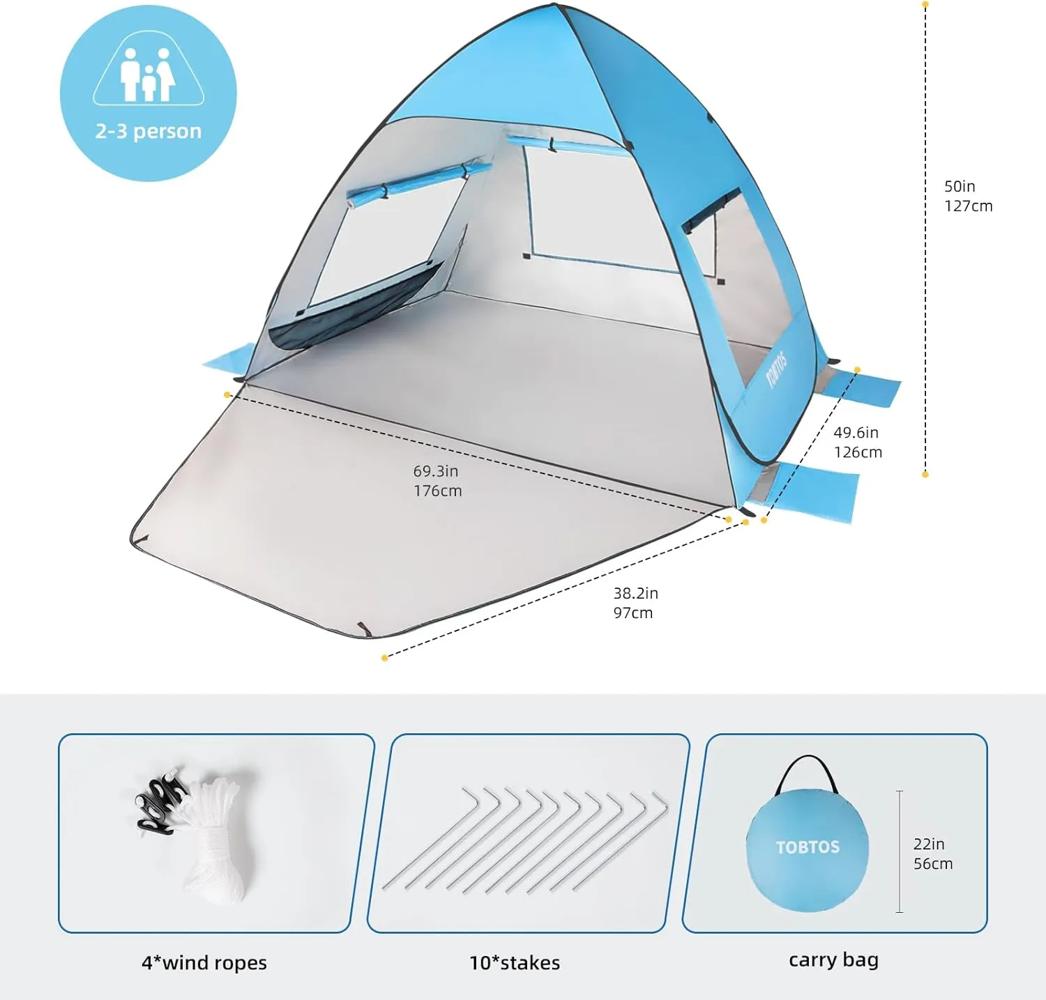 TOBTOS UPF 50  Pop Up Beach Tent, Easy Set Up Beach Umbrella, Sun Shelter for 2-3 People UV Protection Portable Sunshade, Baby Canopy Cabana, Lightweight with Carry Bag
