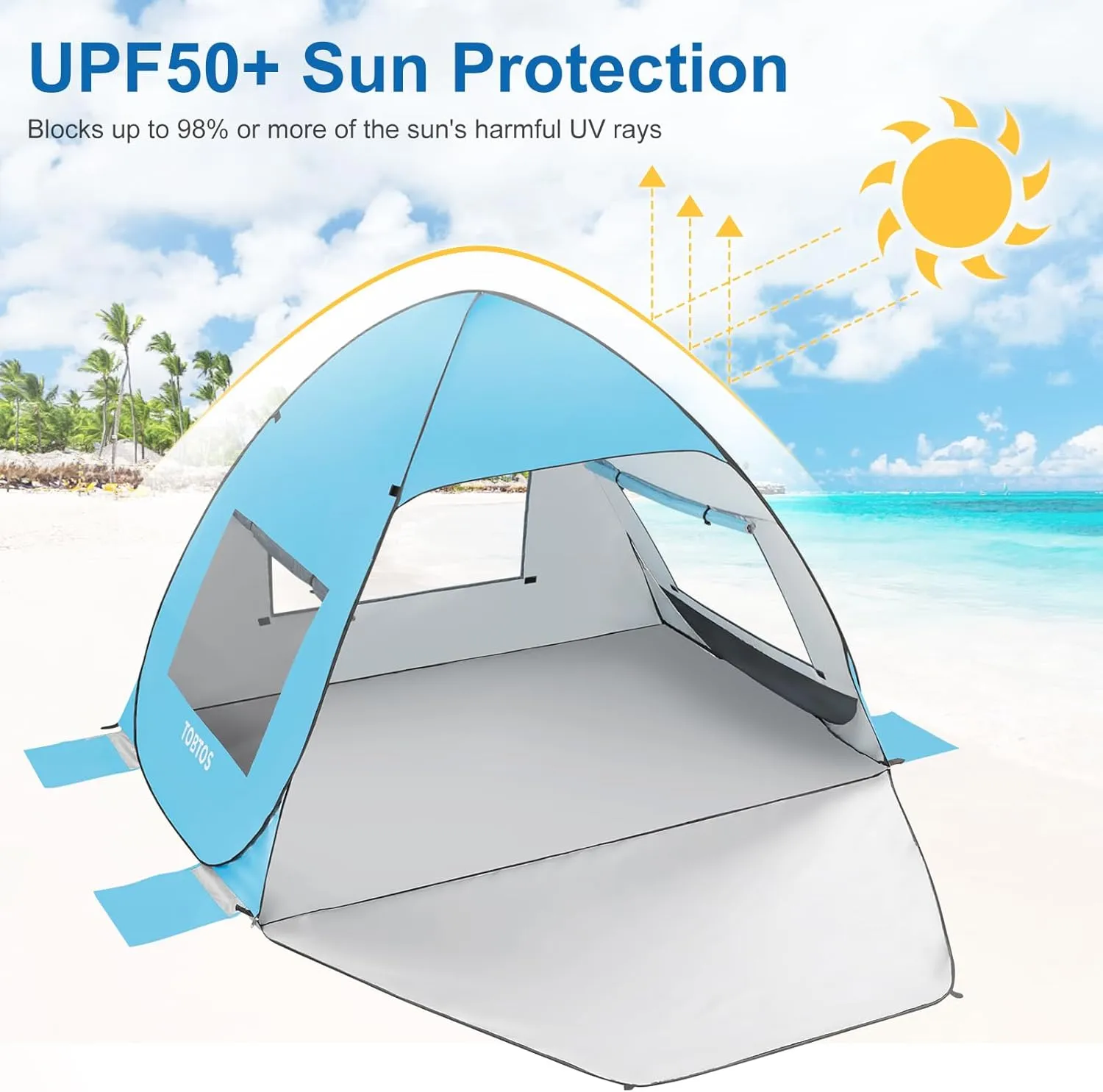 TOBTOS UPF 50  Pop Up Beach Tent, Easy Set Up Beach Umbrella, Sun Shelter for 2-3 People UV Protection Portable Sunshade, Baby Canopy Cabana, Lightweight with Carry Bag