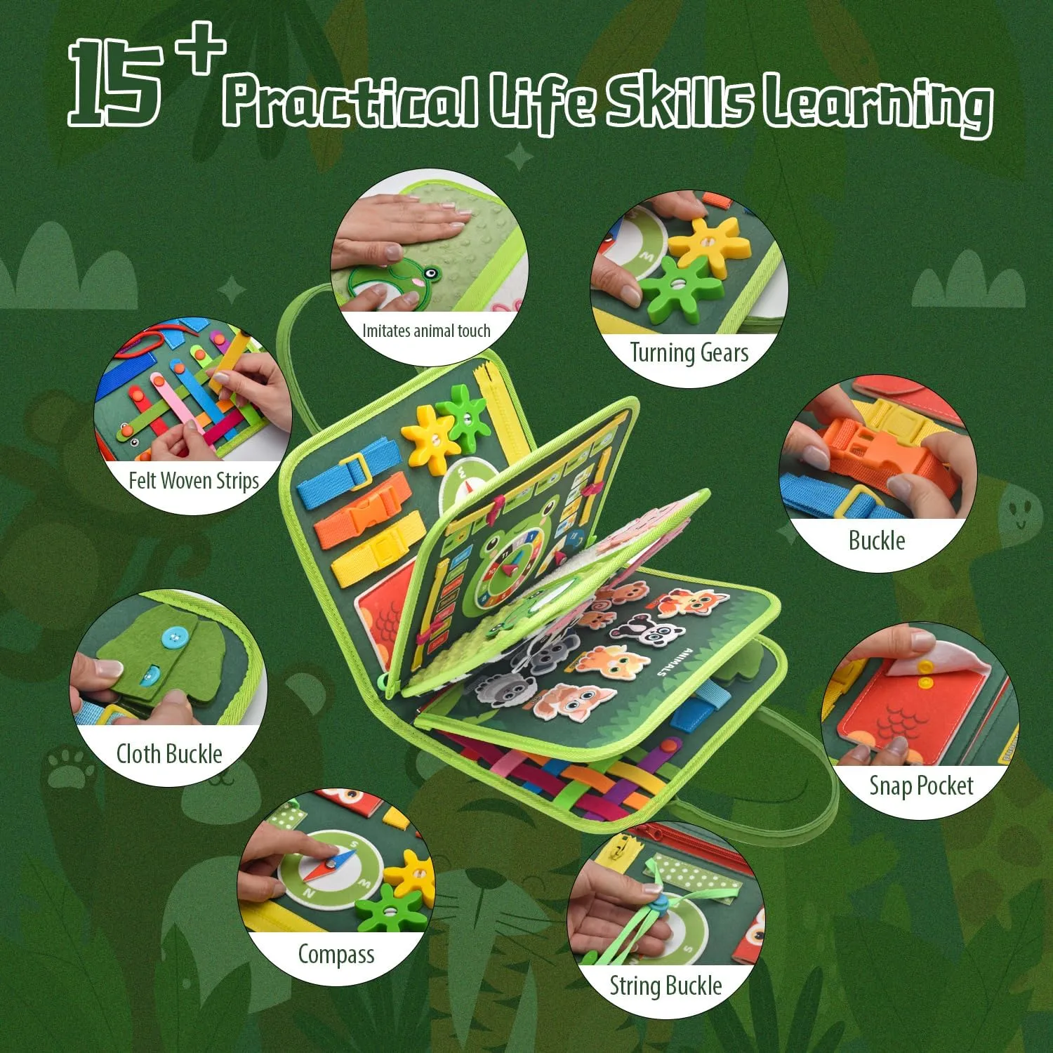 Toddler Busy Board Montessori Toys, Sensory Board Busy Book, Busy Board for Toddlers 2-4, Preschool Learning Activities with Life, Forest Animals Green, 8 Pages and 2 Pages Sensory Mats