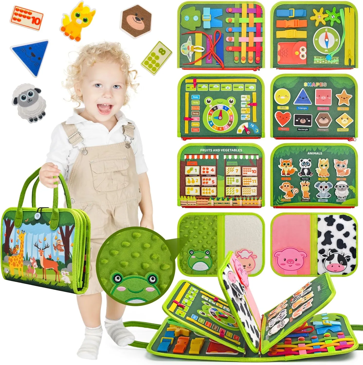 Toddler Busy Board Montessori Toys, Sensory Board Busy Book, Busy Board for Toddlers 2-4, Preschool Learning Activities with Life, Forest Animals Green, 8 Pages and 2 Pages Sensory Mats