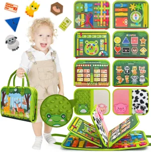 Toddler Busy Board Montessori Toys, Sensory Board Busy Book, Busy Board for Toddlers 2-4, Preschool Learning Activities with Life, Forest Animals Green, 8 Pages and 2 Pages Sensory Mats
